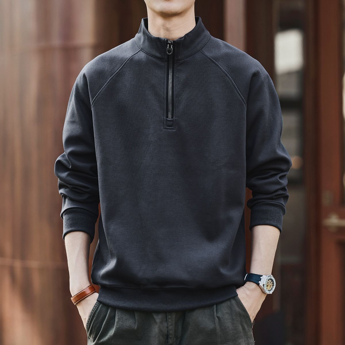 美式复古半拉链立领卫衣男春秋季潮牌宽松休闲新款运动外套-深灰色 M