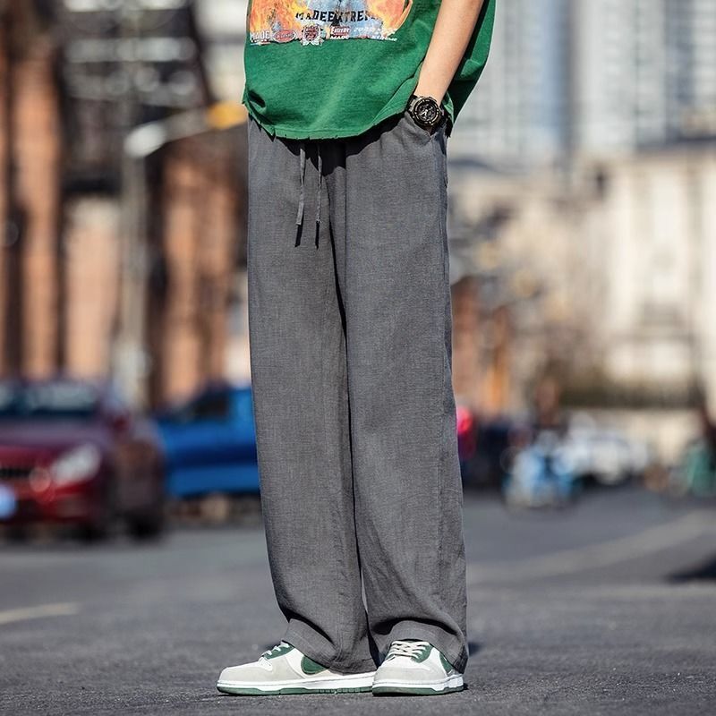 日系復古麻褲男裝夏季薄身直腳褲 透氣休閒長褲 港男熱搜款- 黑色 M