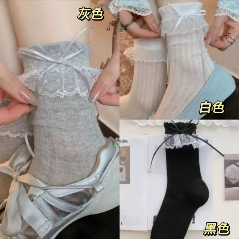 miu系蕾丝袜子女中筒袜夏季薄款芭蕾风蝴蝶结堆堆袜配玛丽珍