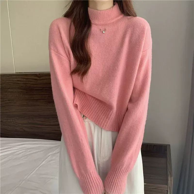 半高领长袖针织打底衫女秋冬新款韩版温柔风软糯白色宽松内搭毛衣