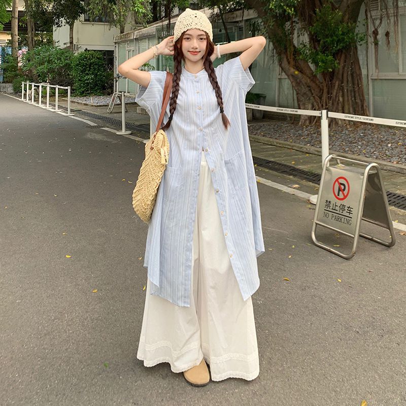 韓系條紋套裝女裝 夏季襯衫連身裙闊腳褲兩件套 甜美穿搭必備- 單襯衫裙 S