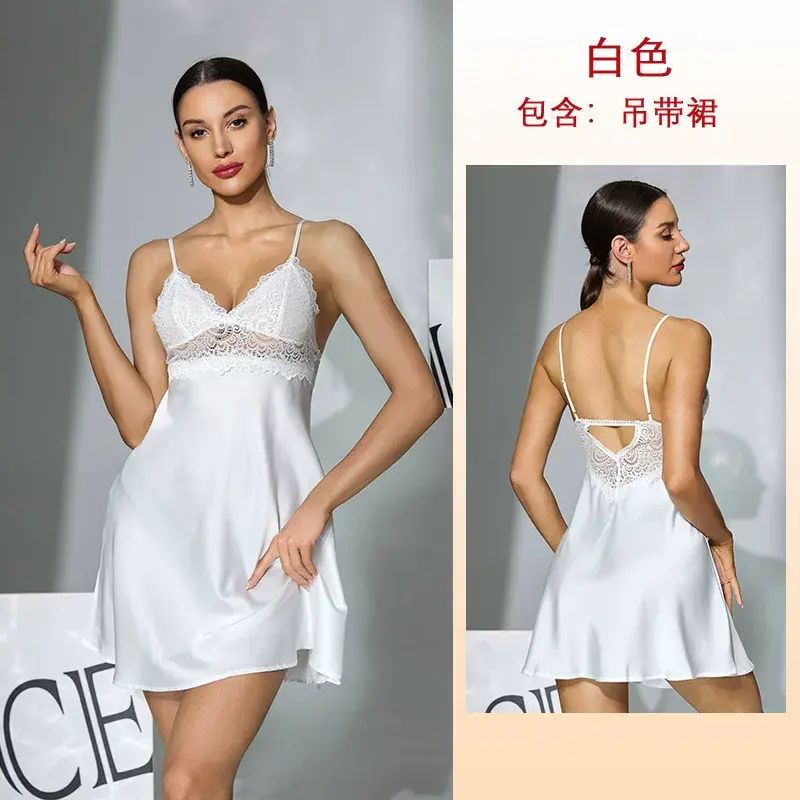 Fur-trimmed cuffs robe, lace-trimmed slip dress/outer robe