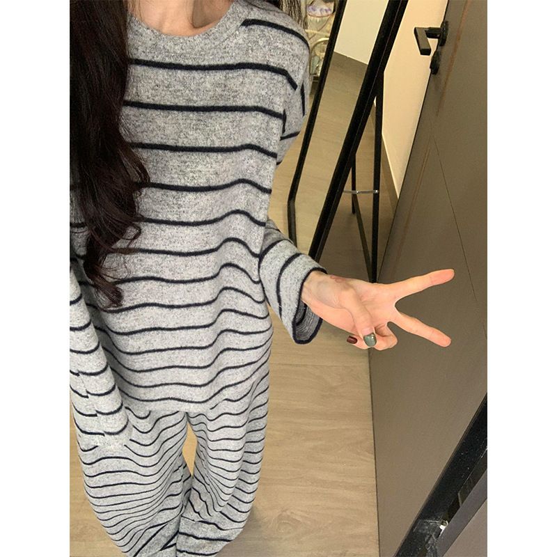 【現貨】簡約條紋德絨睡衣女春秋款寬鬆舒適保暖家居服套裝可外穿