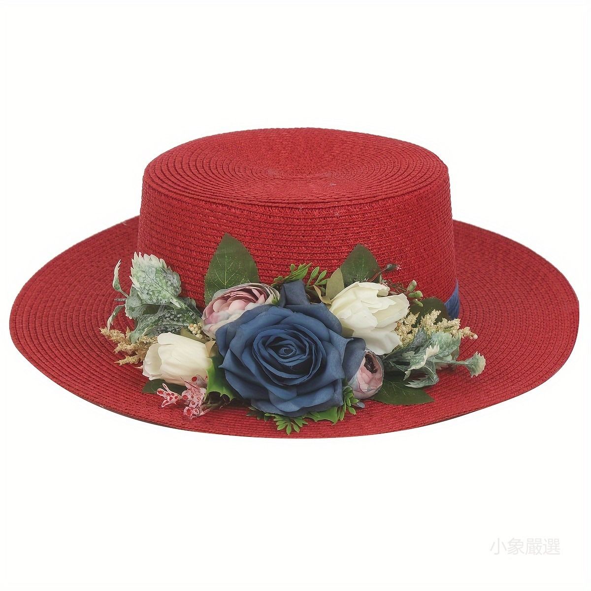 優雅的手工草帽 - 透氣、防曬、純色設計，帶有精緻的花卉細節 - 非常適合海灘郊遊，是復活節和夏季慶祝活動的小時尚配飾