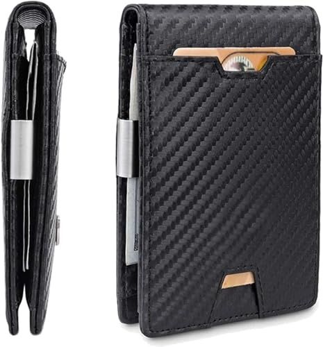男士錢包 RFID 信用卡夾，碳纖維信用卡錢包，窗口有信用卡槽，帶身份證袋，黑色