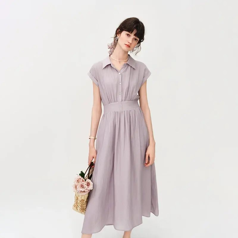 Versailann Lapel Sleeveless Lyocell Waist A-Pulse Dress 2026 Summer New Mid-Length Skirt 2-Light fo