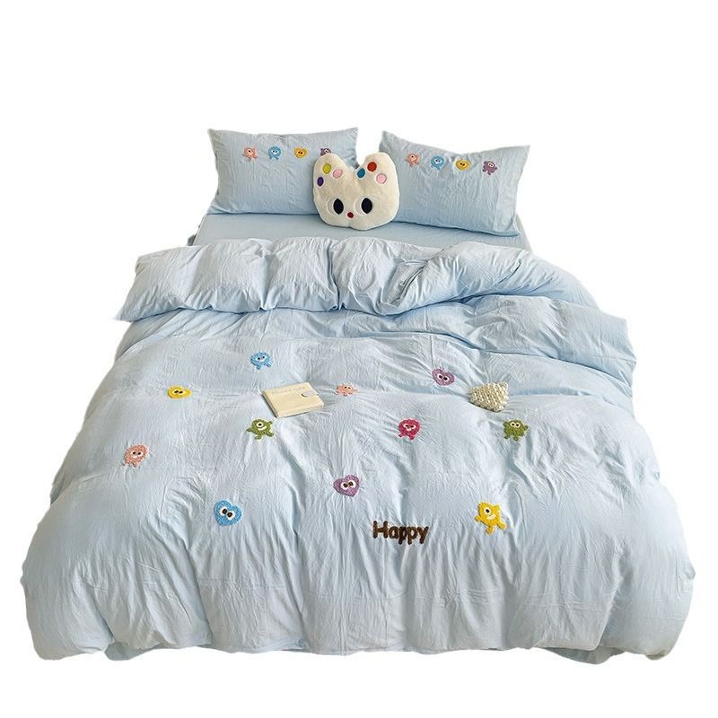 超柔毛巾繡床品套裝|可機洗|水洗棉|小怪獸系列-5尺床|2枕袋+床笠+被袋 淺藍