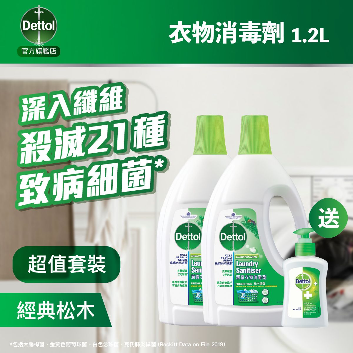 [優惠套裝] 衣物消毒劑 (松木清香) 1.2升 x2支 送 滴露經典松木殺菌潔手液 250g 或滴露酒精搓手液 (贈品隨機發送) | 衣物消毒 衣物消毒液