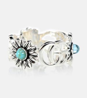 Gucci Double G flower sterling silver ring with topaz and mother of pearl