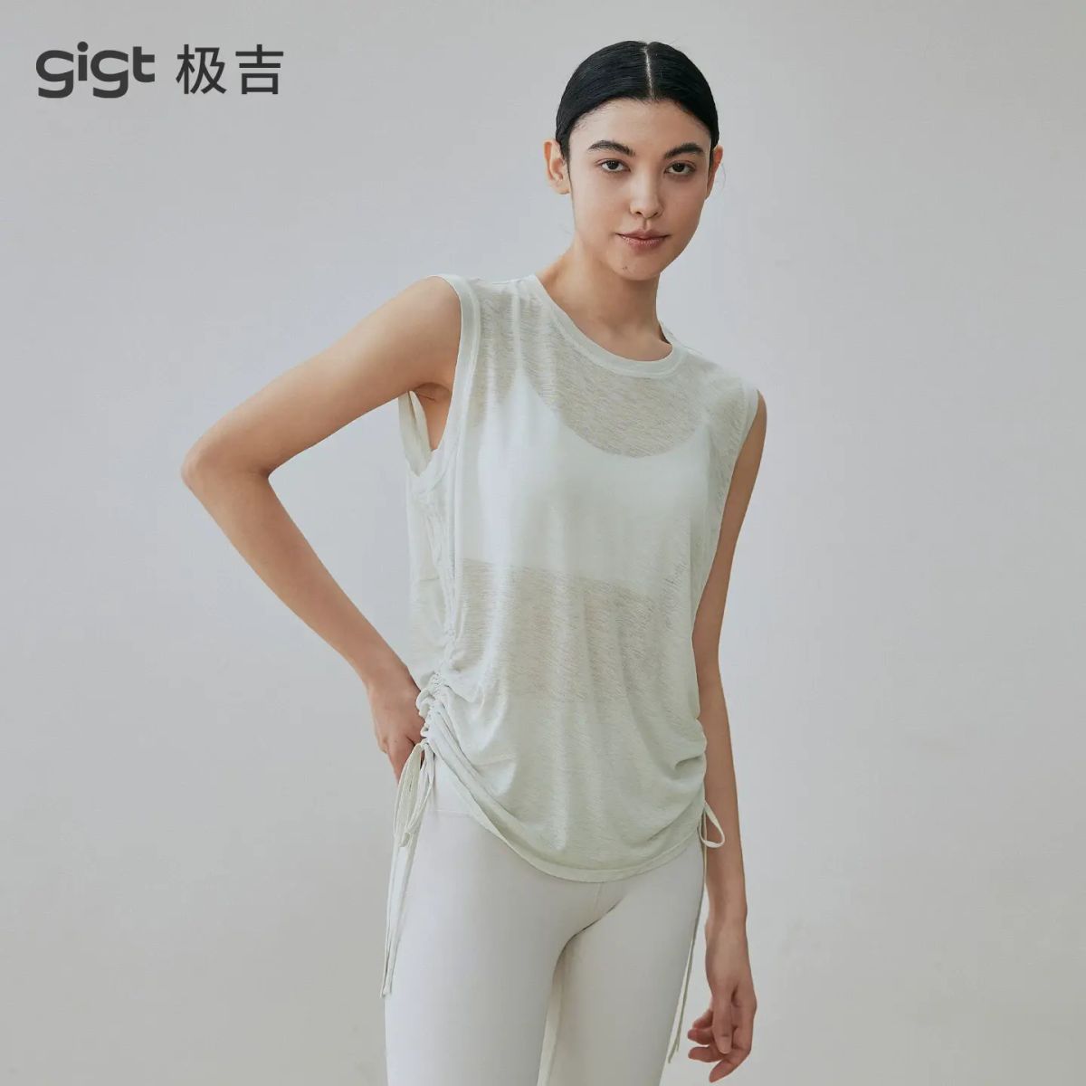 gigt極吉透氣運動T恤女夏季裸感寬鬆無袖瑜伽普拉提跑步健身罩衫-白蛋白 S