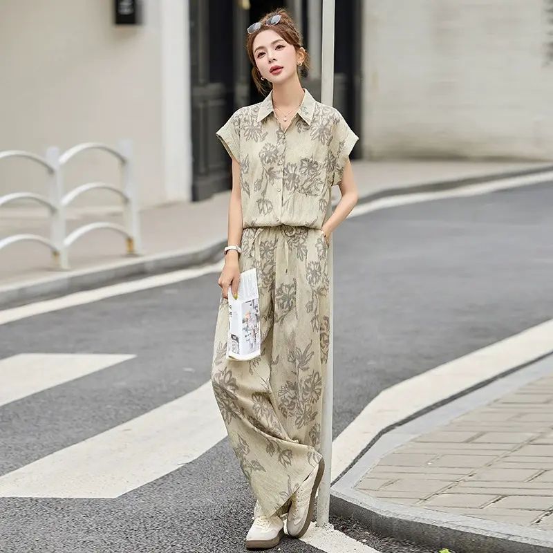 2026夏季新款两件套百搭显瘦无袖衬衫+休闲宽松阔腿裤套装LT2512