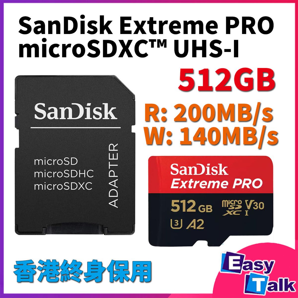 Extreme Pro MicroSDXC Card 512GB UHS-I 200MB/R 140MB/W with SD Adapter SDSQXCD-512G