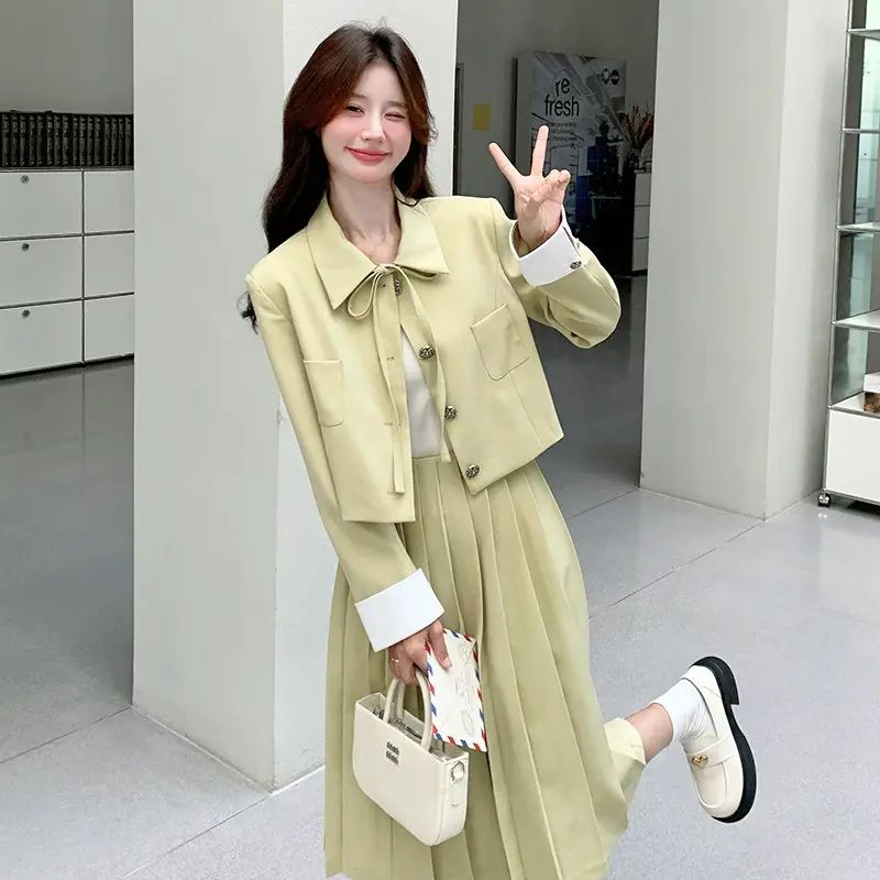 時尚休閒套裝秋季新款女裝翻領單排扣外套百褶裙兩件套裙