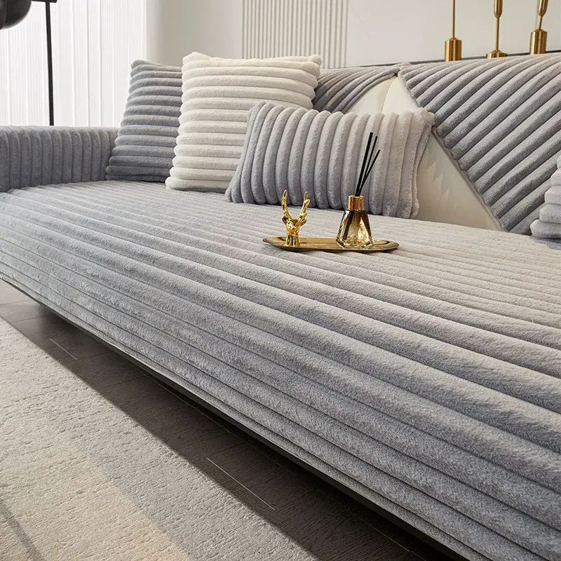 冬季加厚兔毛绒沙发垫防滑坐垫子实木皮轻奢高档沙发套罩