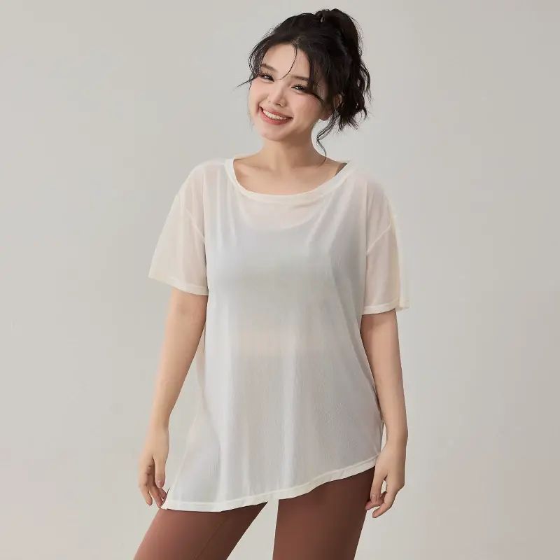 UVUR大碼運動短袖t恤女寬鬆速干透氣瑜伽罩衫上衣胖mm健身訓練服-奶白色 S