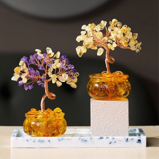 天然黃水晶聚寶盆發財樹家居客廳辦公室桌面裝飾品創意擺飾招財樹-平行