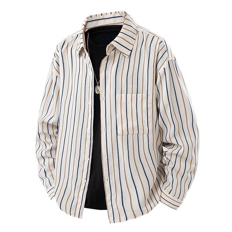 日系潮流竖条纹衬衫男春秋新款跨境潮牌宽松休闲长袖衬衣外套