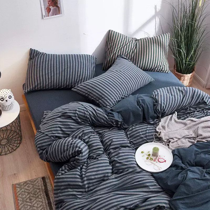 西川裸睡良品天竺棉四件套条纹针织棉4件套全棉日式