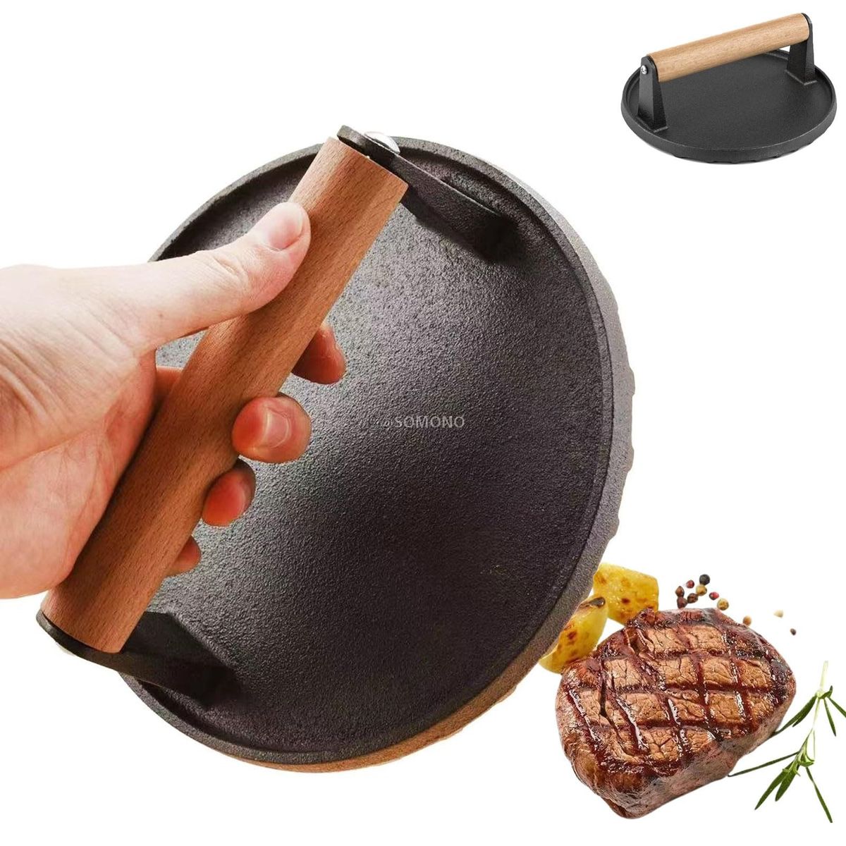 17厘米铸铁汉堡模具，适合各种厨房及烤架使用，带把手的圆形烤盘模具，适用于烤肉、烤培根等