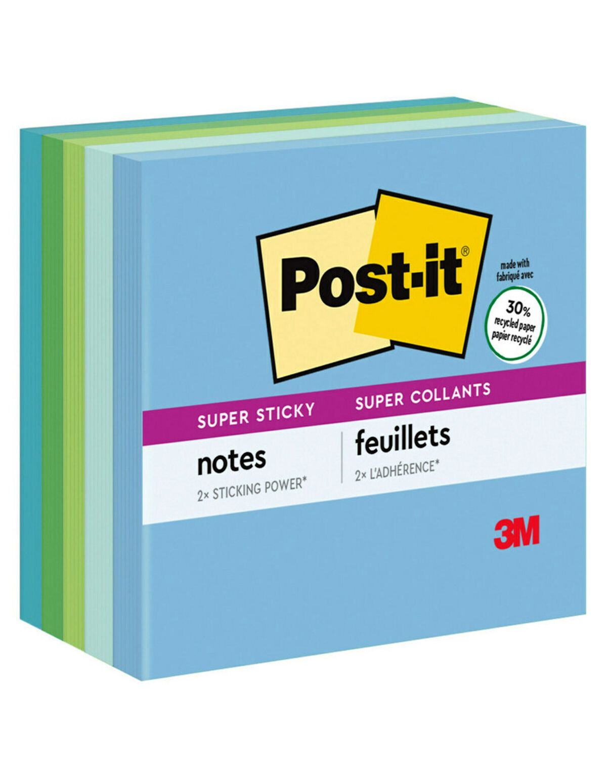 654-5SST Post-it®Recycled Super Sticky Notes 3"x3" Bora Bora, 5 pads / pack