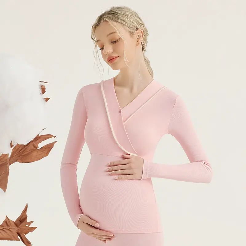 孕妇秋衣秋裤纯棉哺乳保暖内衣套装带胸垫睡衣孕期平行进口