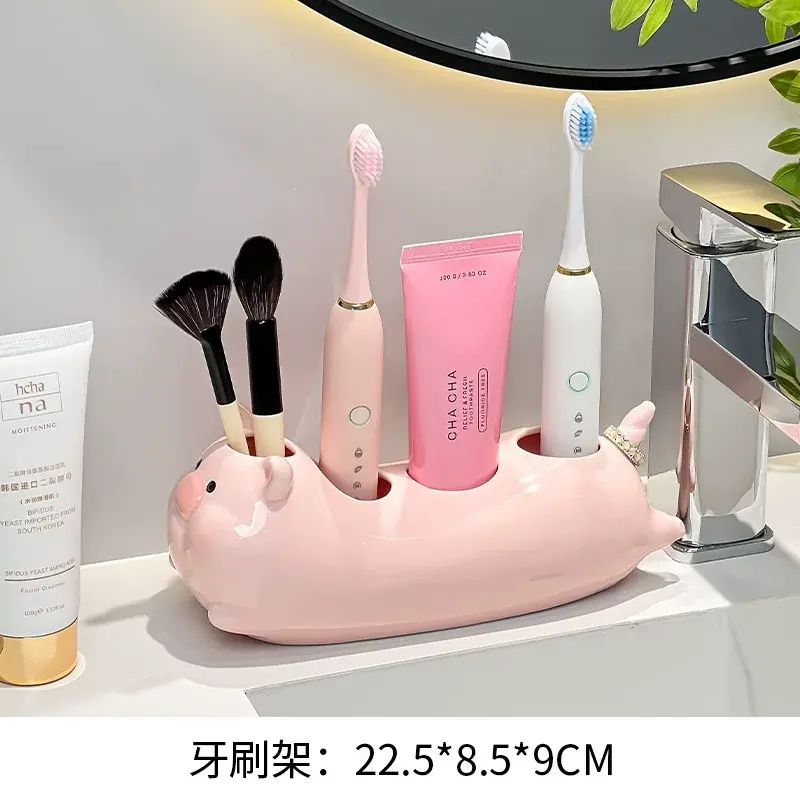 猪猪创意卫生间洗漱台情侣电动牙刷置物架浴室洗手台陶瓷收纳架子