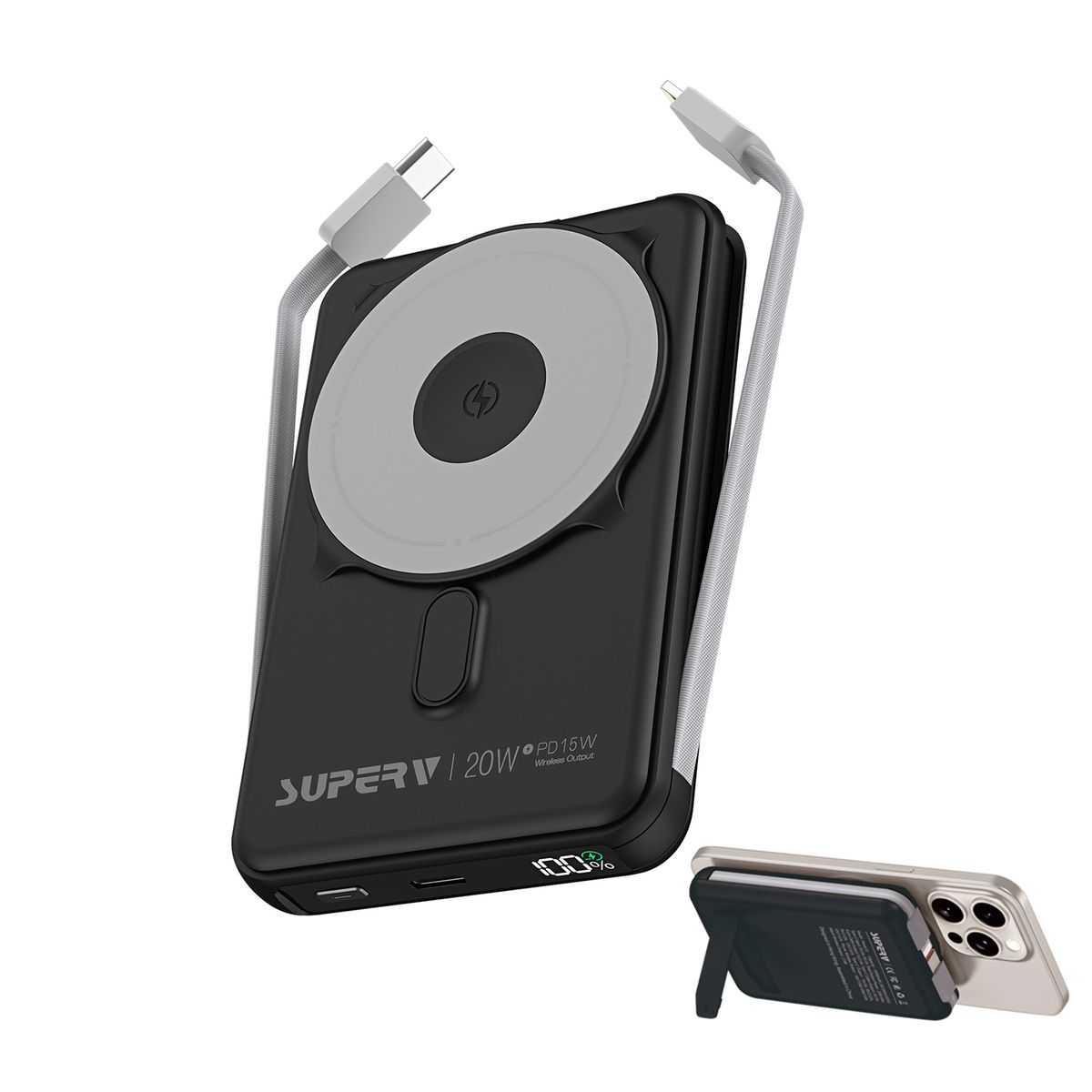 快速充電移動電源 帶支架 10000mAh磁吸無線 MagSafe15W | 尿袋 充電寶 移動電源 行動電源 Power Bank 聖誕禮物 Power13 黑色