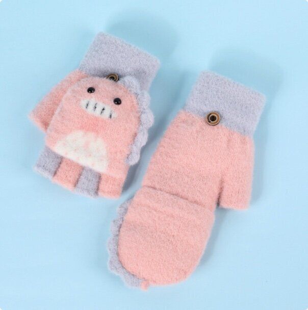 針織保暖翻蓋手套(建議年齡：2-6歲  DRST13;粉色恐龍)