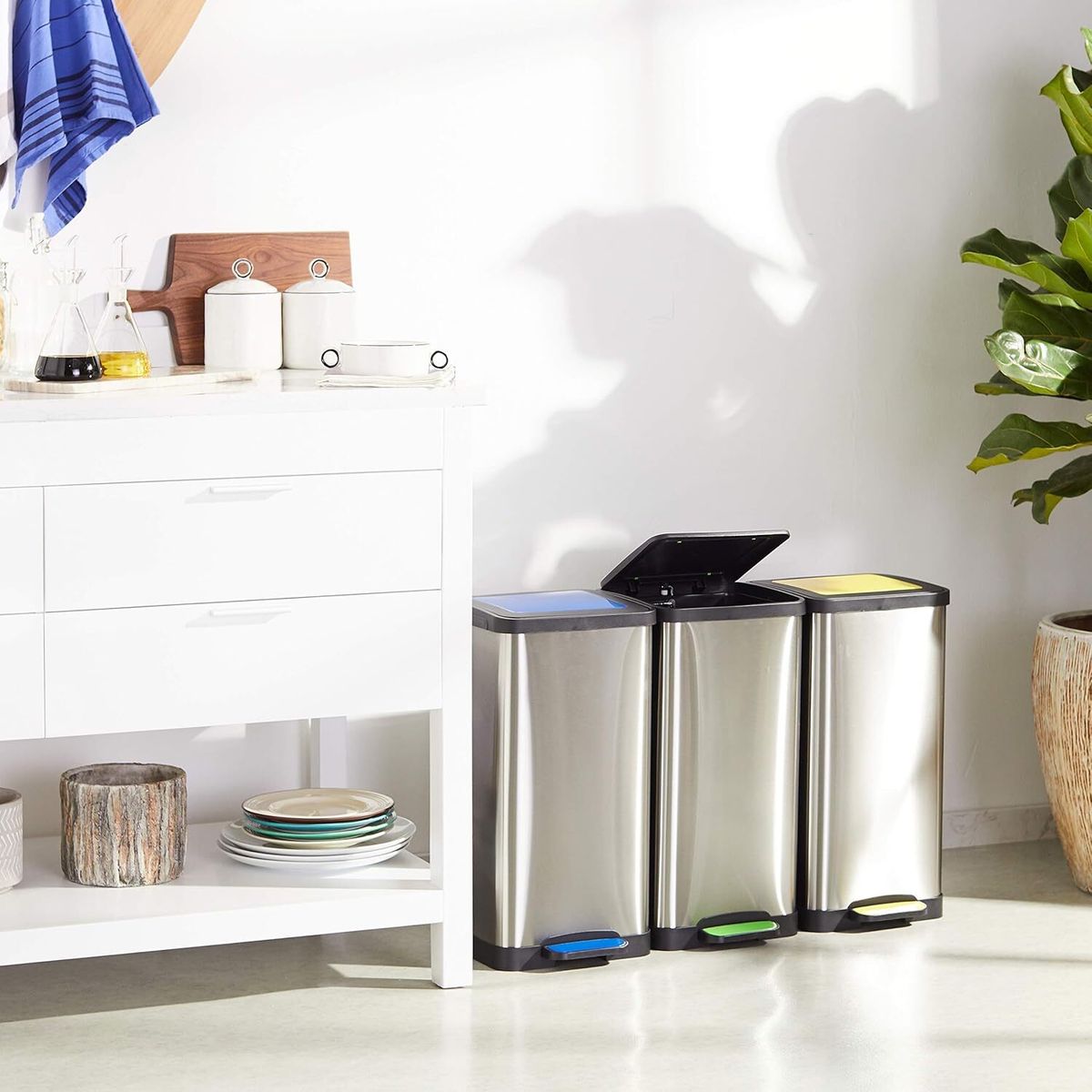 amazon | Amazon Basics Rectangular Plastic Dustbin Set of 3 - Yellow ...