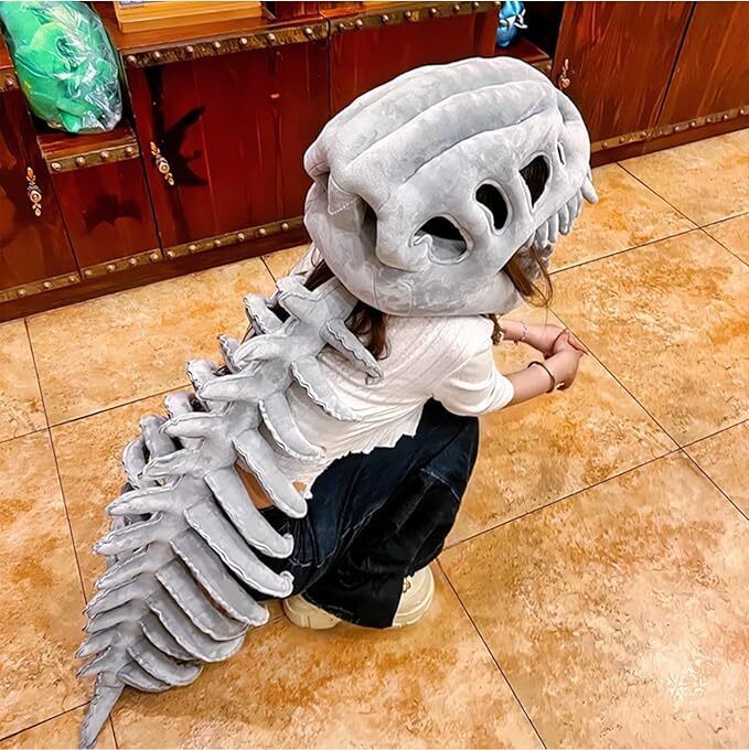 Realistic dinosaur skeleton plush costume set with Chinese dinosaur headgear. Suitable for children 