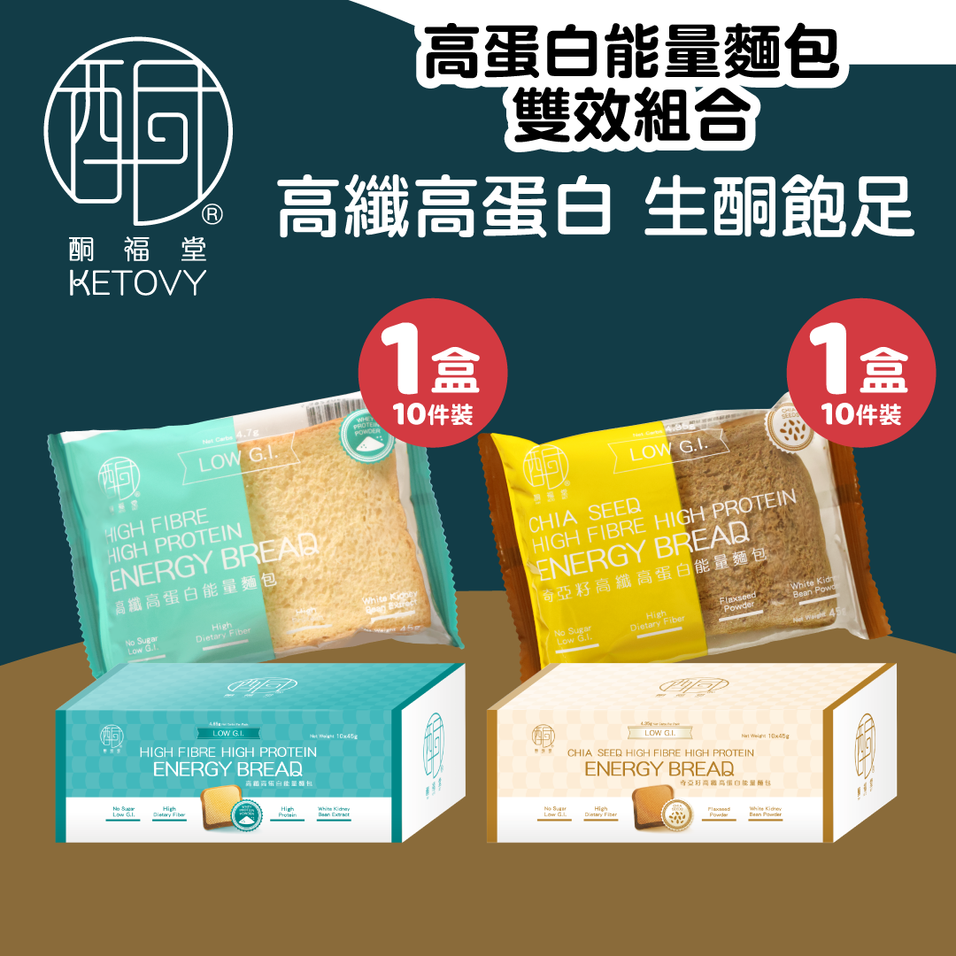 【高纖飽肚】高蛋白能量麵包雙效組合（蛋白方包10包 + 奇亞籽蛋白包10包，共20件裝）# 無糖低碳水 #低GI #亞麻籽粉 #白芸豆粉 #健身減肥 #早餐代餐