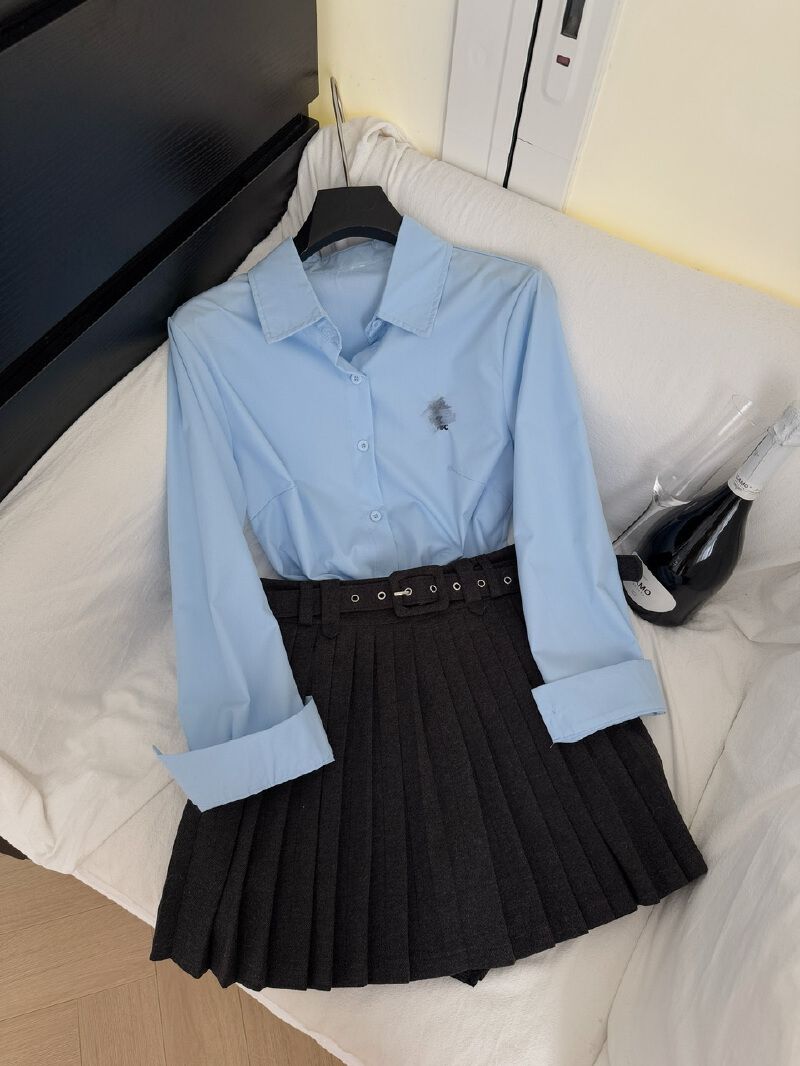 Matching clothes set featuring actress Zhao Lusi's style  blue women's shirt  2025-Set (with belt) S