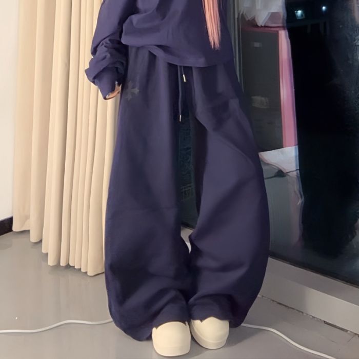 純棉美式復古運動套裝 女裝秋冬休閒長袖長褲 斜肩設計- 藏青長褲 M
