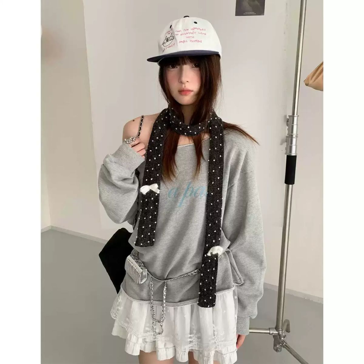 韓系氛圍感波點蝴蝶結細窄長條小頸巾女秋冬季甜美復古圍脖配飾潮