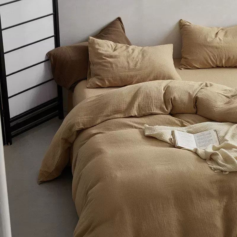 a类母婴级纯棉双层皱皱纱四件套美拉德色床单被套全棉皱皱纱床品