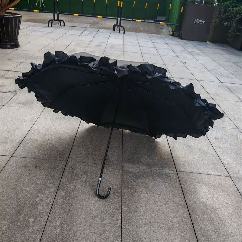 日系復古三折輕便黑膠花邊遮陽防曬晴雨遮森系便攜小彎鉤太陽傘女