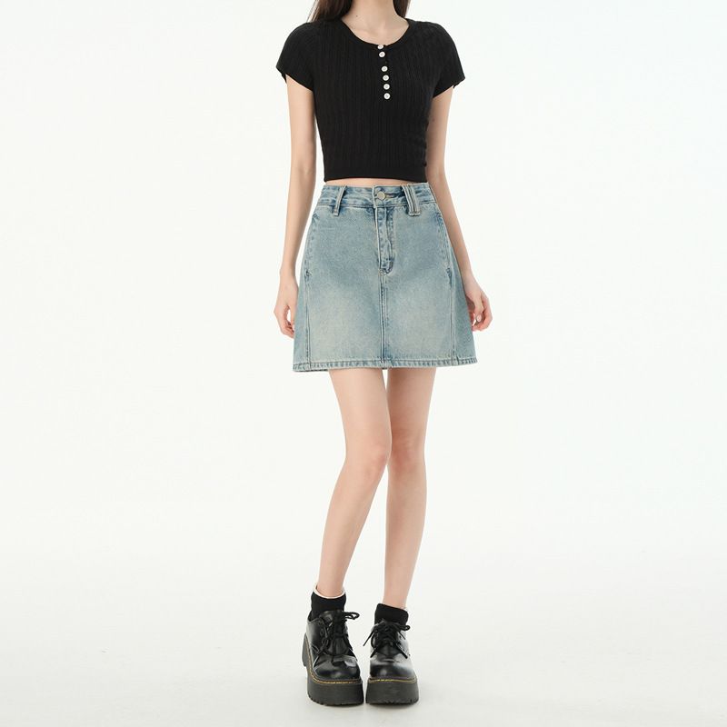 女装#美式复古高腰牛仔短裙子夏季设计感显瘦a字包臀半身裙女