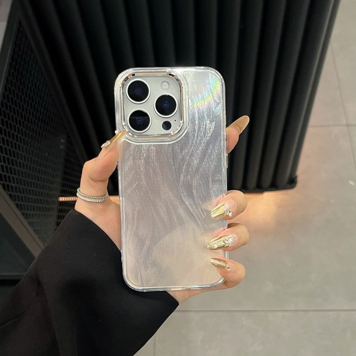 金属相框极光水波纹卡纸适用苹果16promax手机壳女款防摔保护套新款iphone15promax-透银羽纱 iPhone 12 Pro Max
