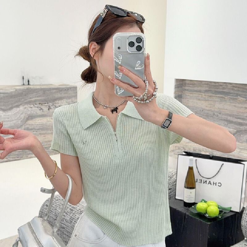Green Half-Zip Polo Shirt Short-Sleeve T-Shirt for Women Summer Petite Bodycon Korean Style -Aprico