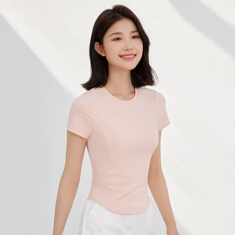 neverme瑜伽服女短袖修身顯瘦速干夏季跑步運動T恤訓練服健身上衣-淡粉 S