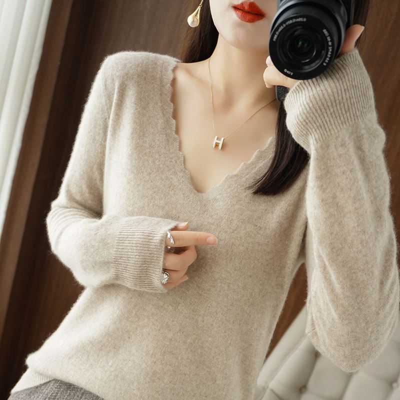 羊毛混纺2025秋冬女装短款花边V字领纯色套头打底针织衫毛衣