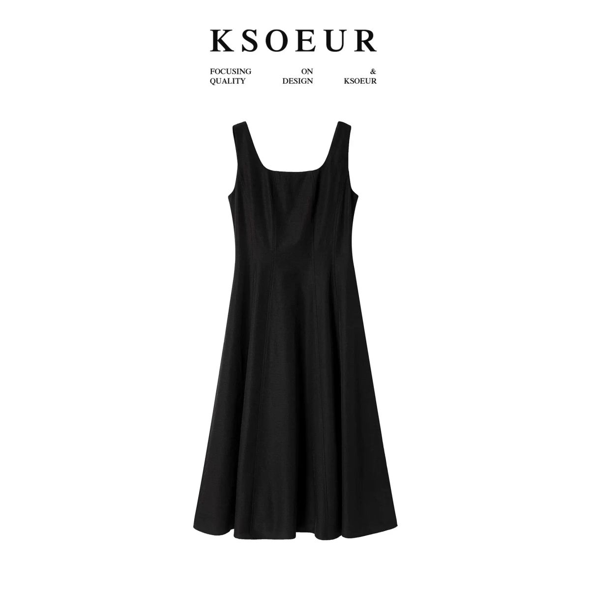 K姐KSOEUR 線雕裙  流雲多麗絲麻感U領A字大傘擺背心連身裙女-墨石黑 S-款式1