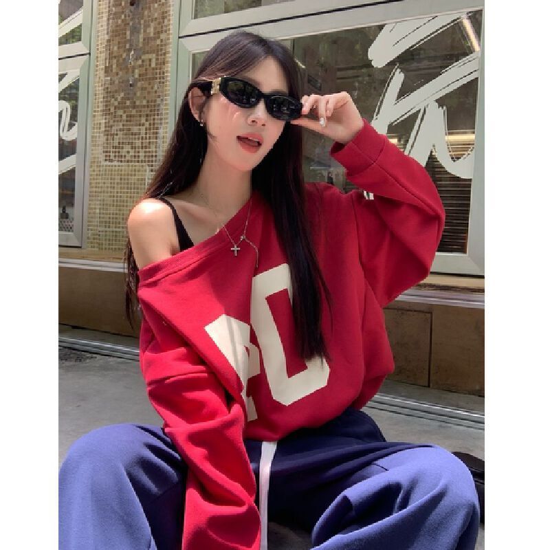 320g純棉斜肩兩穿運動衛衣套裝女裝 秋季休閒寬鬆HK熱賣- 紅色上衣 M