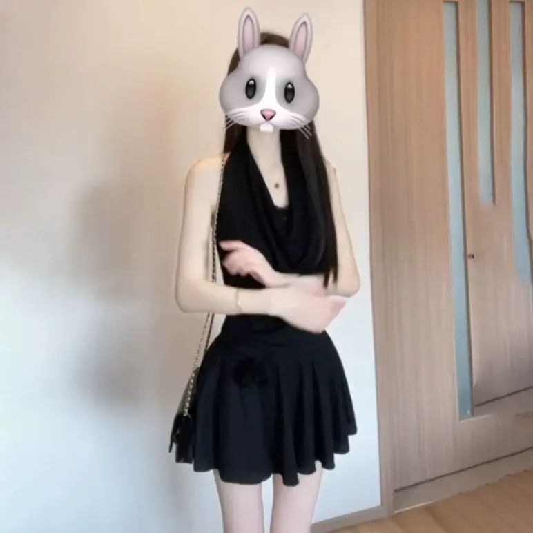 法式純欲性感辣妹風收腰設計掛脖連身裙女2026夏季新款赫本風裙子-黑色【優質】 S-款式2