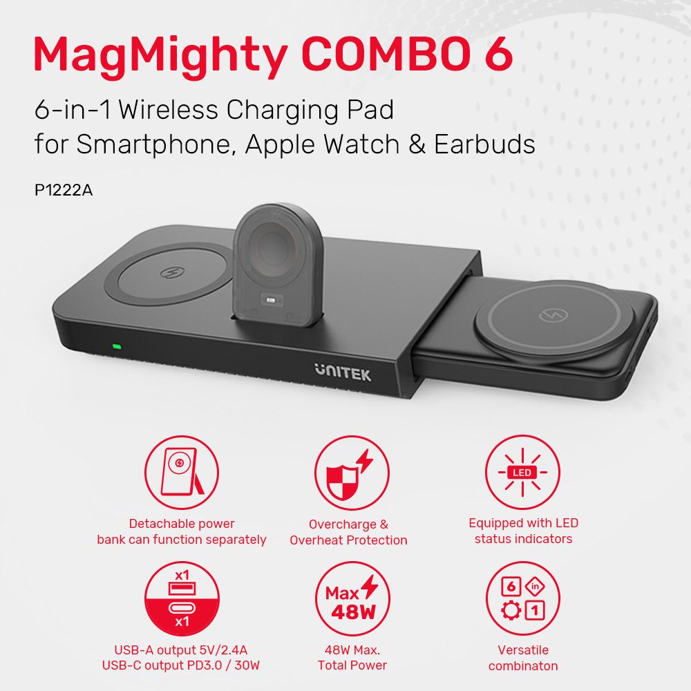 6合1 無線充電座 連流動電源5000mAh | 無線快充PD3.0 | Smartphone AppleWatch AirPods MagSafe PowerBank / P1222A
