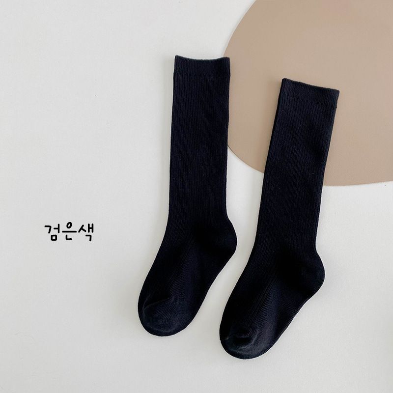 兒童長筒襪純色黑白灰 學生棉襪女童襪子 雙針保暖襪- 黑色 XL（適合腳長20-22cm）約9-12歲