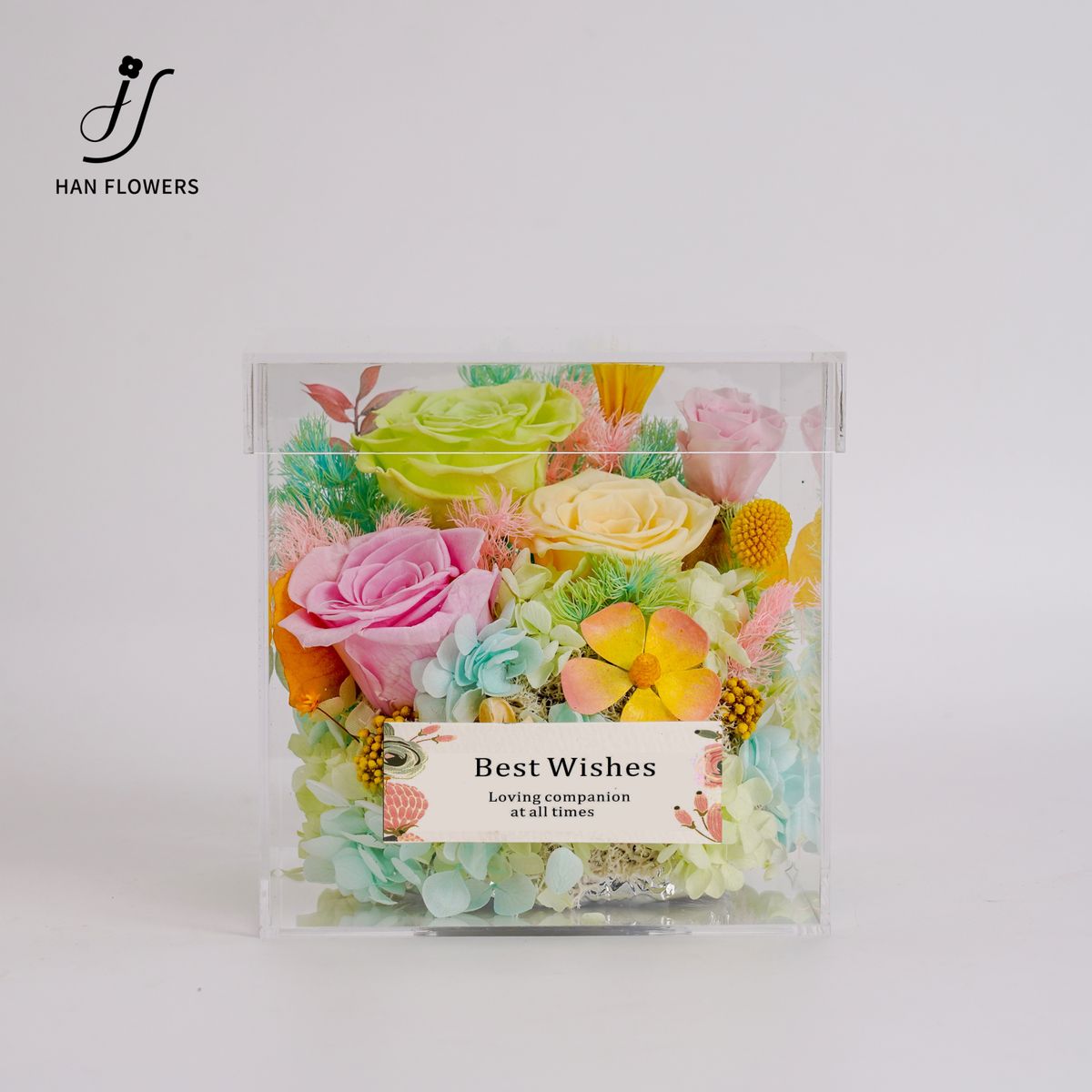 Han Flowers 永恆祝福花藝禮盒｜粉黃永生玫瑰淡綠淺藍繡球花束｜透明方盒節日伴侶禮物｜家居辦公室開運輕奢擺設 | 畢業禮物  