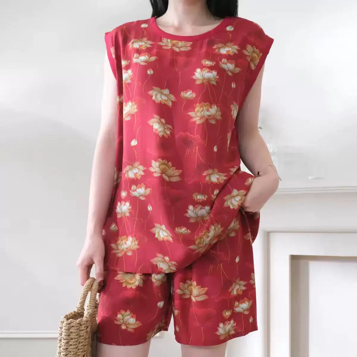几何印花无袖睡衣女夏棉绸背心短裤可外穿家居服高级感套装