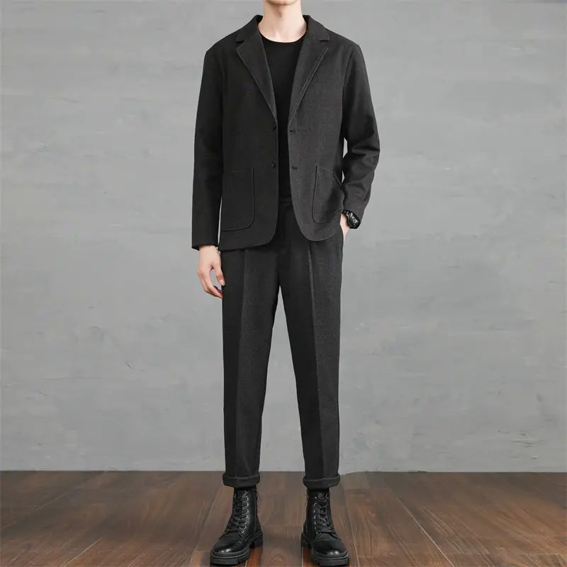 秋冬新款加绒加厚男士毛呢西服套装痞帅三件套高级感轻熟风港风男