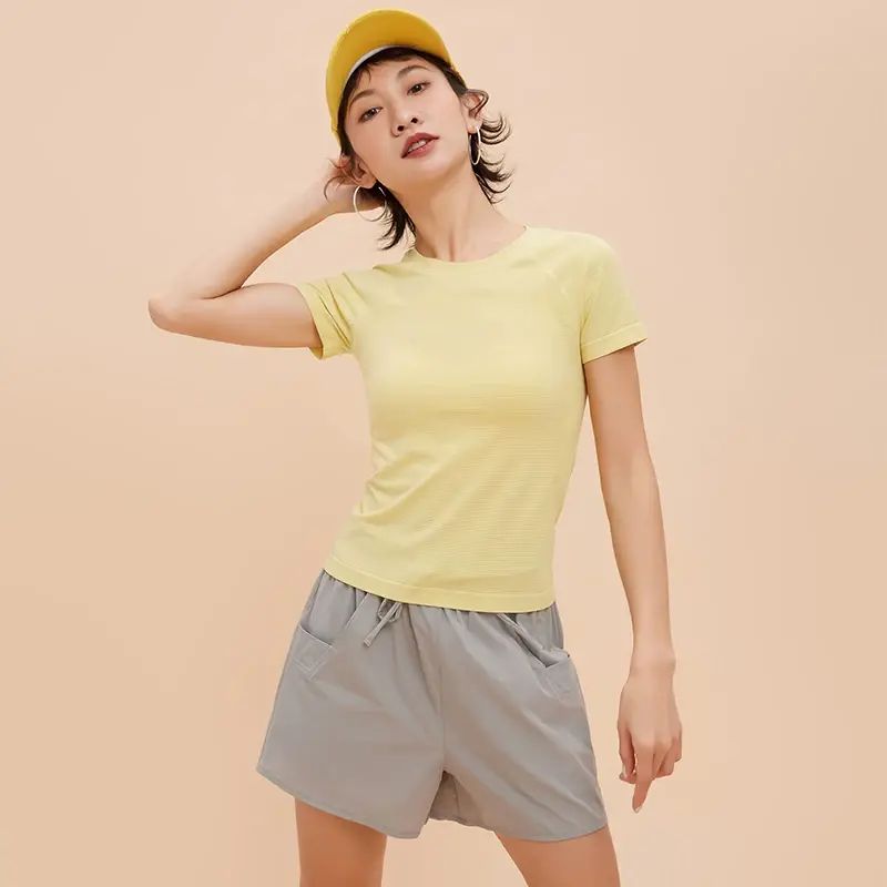 Annerun Women s Fitted Non Chafing Breathable Pilates Training Top Running Yoga Shirt Yellow S